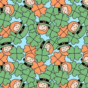 Hide and seek leprechaun in a field of clovers - Irish St Patrick's Day holiday funny kids theme orange green blue