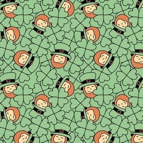 Hide and seek leprechaun in a field of clovers - Irish St Patrick's Day holiday funny kids theme orange mint green