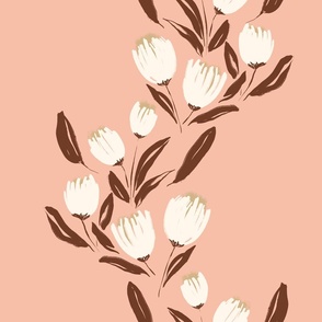10" || Hand Drawn White Tulips in Floral Waves || Cream on Pink Coral || TIS24-B09