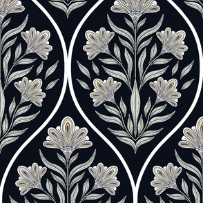 (L) Art deco glamour- cream and green floral damask- vintage- black background large scale