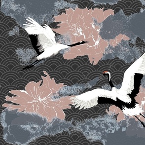 Deco Japanese flying cranes in peony clouds dark