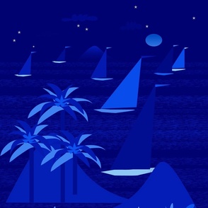 tropical night harbor ocean mountains breeze shells sailboats navy dark blue 