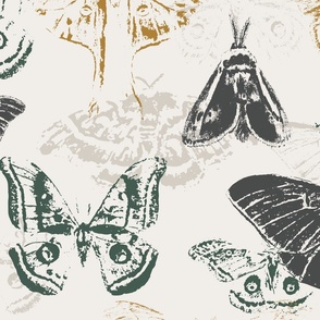 Vintage Moths, Ivory, Green, Gold