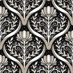 Vintage floral garden - cream and black - Glamour Metallic Wallpaper  - home decor - bedding - curtains.