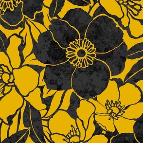 Vintage floral - mustard yellow and black - glam retro flowers - floral wallpaper - bold two color multidirectional fabric texture - classic bedding wedding flowers