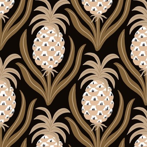 (L) Hollywood Pineapple Party - hand-drawn bold graphic pineapples - sepia gold on black
