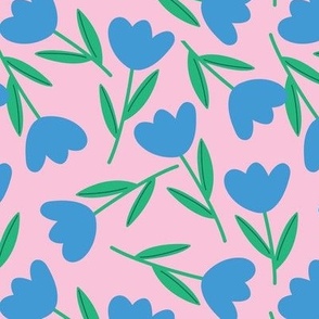 Romantic tossed tulip garden - summer spring blossom tulips in mid-century abstract shape blue green on pink