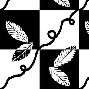 Small Leaf and Vine Black and White Checkerboard for Metallic Wallpapers Vintage Glamour 