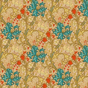 Nostalgic Golden Lily- Small 10" - Moody Maximalism: historic reconstructed damask wallpaper by William Morris - antiqued restored reconstruction in yellow sepia tones - art nouveau art deco linen texture wallpaper