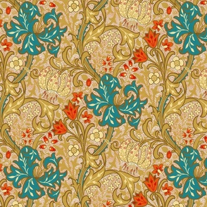 Nostalgic Golden Lily- Large 14" - Moody Maximalism: historic reconstructed damask wallpaper by William Morris - antiqued restored reconstruction in yellow sepia tones - art nouveau art deco linen texture wallpaper