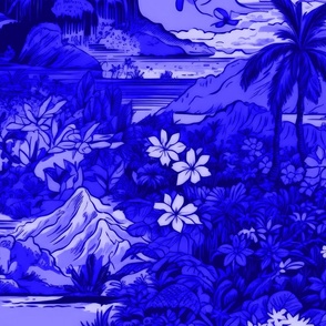 Vintage Hawaiian Landscape  in Royal Blue Porcelain Glaze