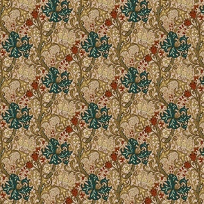 Nostalgic Golden Lily- Small 7" - Moody Dark Maximalism: historic reconstructed damask wallpaper by William Morris - antiqued restored reconstruction in retro warm earth sepia and teal tones - art nouveau art deco linen texture wallpaper
