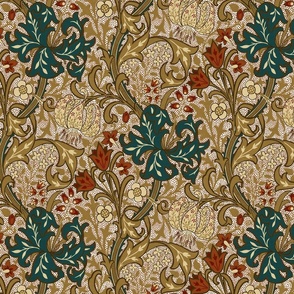 Nostalgic Golden Lily- Large 14" - Moody Dark Maximalism: historic reconstructed damask wallpaper by William Morris - antiqued restored reconstruction in retro warm earth sepia and teal tones - art nouveau art deco linen texture wallpaper