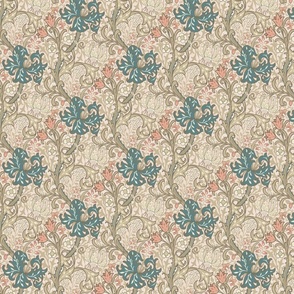 Nostalgic Golden Lily- Small 7" - Moody Dark Maximalism: historic reconstructed damask wallpaper by William Morris - antiqued restored reconstruction in retro peach sepia and neutrals teal tones - art nouveau art deco linen texture wallpaper