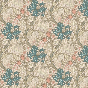 Nostalgic Golden Lily- Medium 10" - Moody Dark Maximalism: historic reconstructed damask wallpaper by William Morris - antiqued restored reconstruction in retro peach sepia and neutrals teal tones - art nouveau art deco linen texture wallpaper