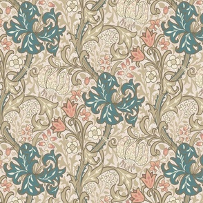 Nostalgic Golden Lily- Large 14" - Moody Dark Maximalism: historic reconstructed damask wallpaper by William Morris - antiqued restored reconstruction in retro peach sepia and neutrals teal tones - art nouveau art deco linen texture wallpaper