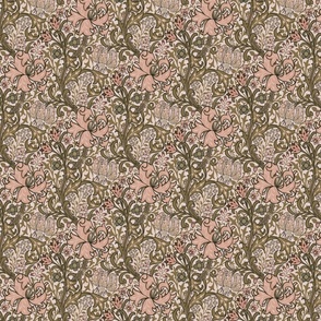 Nostalgic Golden Lily- Small 7" - Moody Dark Maximalism: historic reconstructed damask wallpaper by William Morris - antiqued restored reconstruction in 70s retro peach sepia and sage tones - art nouveau art deco linen texture wallpaper