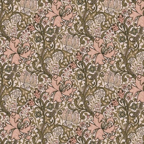 Nostalgic Golden Lily- Medium 10" - Moody Dark Maximalism: historic reconstructed damask wallpaper by William Morris - antiqued restored reconstruction in 70s retro peach sepia and sage tones - art nouveau art deco linen texture wallpaper