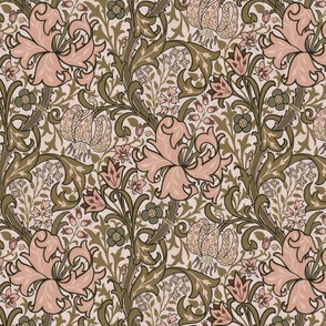 Nostalgic Golden Lily- Large 14" - Moody Dark Maximalism: historic reconstructed damask wallpaper by William Morris - antiqued restored reconstruction in 70s retro peach sepia and sage tones - art nouveau art deco linen texture wallpaper