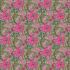 Nostalgic Golden Lily- Small 7" - Moody Dark Maximalism: historic reconstructed damask wallpaper by William Morris - antiqued restored reconstruction in 80s retro pink and green tones - art nouveau art deco linen texture wallpaper