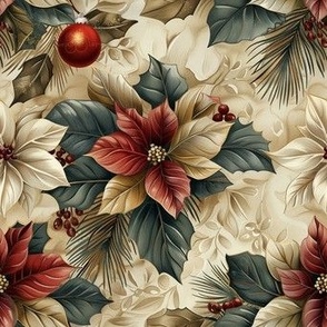  Red Poinsettia Christmas Flowers on Gold Design Pattern