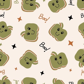 Cute Halloween Happy Pumpkins tossed in olive green for quilting and kids - Large Scale