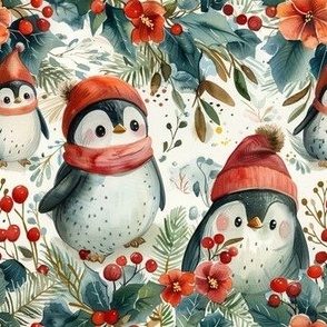 Cute Christmas Penguins with Winter Greenery Holiday Design Pattern