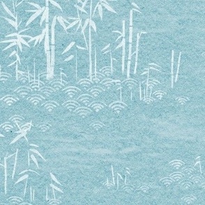Bamboo Paper, Lagoon Blue and White  | Bamboo plants with block printed waves pattern in white on a blue green paper texture, calm, tranquil nature wallpaper in soft turquoise and white, rustic neutrals for Zen garden, yoga and meditation.