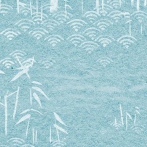 Bamboo Paper, Lagoon Blue and White (large scale) | Bamboo plants with block printed waves pattern in white on a blue green paper texture, calm, tranquil nature wallpaper in soft turquoise and white, rustic neutrals for Zen garden, yoga and meditation.