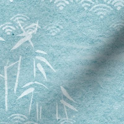Bamboo Paper, Lagoon Blue and White (xl scale) | Bamboo plants with block printed waves pattern in white on a blue green paper texture, calm, tranquil nature wallpaper in soft turquoise and white, rustic neutrals for Zen garden, yoga and meditation.