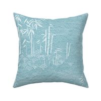 Bamboo Paper, Lagoon Blue and White (xl scale) | Bamboo plants with block printed waves pattern in white on a blue green paper texture, calm, tranquil nature wallpaper in soft turquoise and white, rustic neutrals for Zen garden, yoga and meditation.