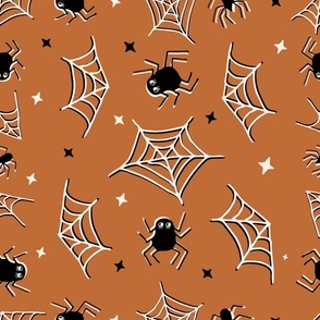 Cute Halloween Spiders and webs tossed in burnt orange for quilting and kids - Large Scale