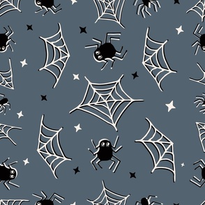 Cute Halloween Spiders and webs tossed in dark gray for quilting and kids - Large Scale