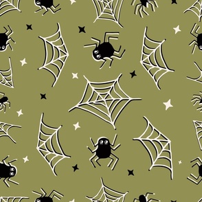 Cute Halloween Spiders and webs tossed in olive green for quilting and kids - Large Scale