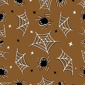 Cute Halloween Spiders and webs tossed in chocolate brown for quilting and kids - Large Scale