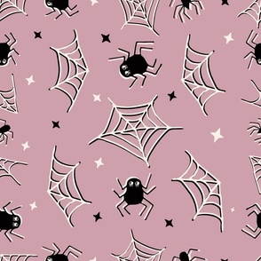 Cute Halloween Spiders and webs tossed in lilac for quilting and kids - Large Scale