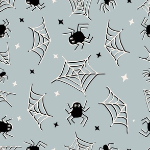 Cute Halloween Spiders and webs tossed in light blue for quilting and kids - Large Scale