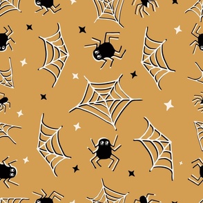 Cute Halloween Spiders and webs tossed in mustard yellow for quilting and kids - Large Scale