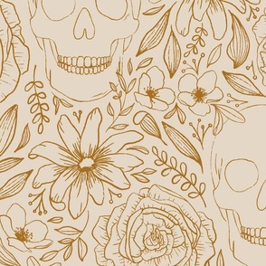 Whimsigoth Skeleton | Large Scale | Buckthorn Brown on White Swan | hand drawn line art flowers 