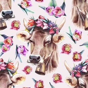 cute cow with a flower crown, funny cow, farm animal, watercolor cow with tulips