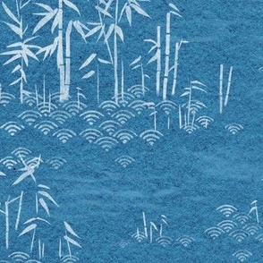 Bamboo Paper, Peacock Blue and White | Bamboo plants with block printed waves pattern in white on a deep blue green paper texture, calm nature wallpaper in rich teal and white for Zen garden, yoga and meditation.