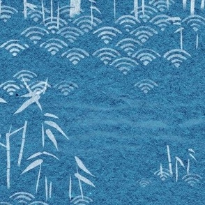 Bamboo Paper, Peacock Blue and White (large scale) | Bamboo plants with block printed waves pattern in white on a deep blue green paper texture, calm nature wallpaper in rich teal and white for Zen garden, yoga and meditation.