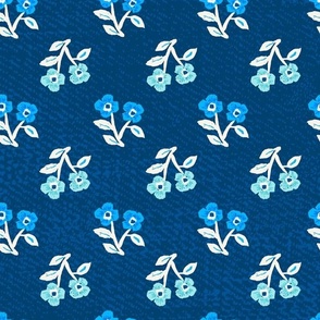 Denim Texture: Indigo with Periwinkle Blue and Light Teal  Flowers with Cream Stems and Leaves | 12in