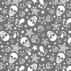 Gray and White Pop Punk Rock Pattern With Mushrooms, Skulls amd Stars Juvenile Alternative Emo Style