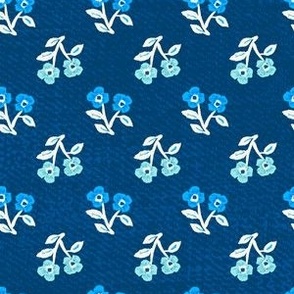 Denim Texture: Indigo with Periwinkle Blue and Light Teal  Flowers with Cream Stems and Leaves | 6in