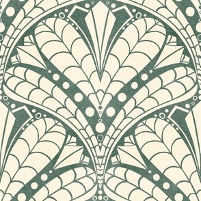 Hand-Drawn Art Deco Inspired Botanical in Dark Sage and Off-White (Large)