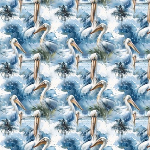 Pelicans on the Beach with Palm Trees Nautical Summer Pattern Design