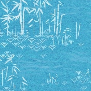 Bamboo Paper, Turquoise and White | Bamboo plants with block printed waves pattern in white on a blue green paper texture, calm nature wallpaper in aqua blue and white for Zen garden, yoga and meditation.