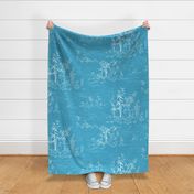 Bamboo Paper, Turquoise and White (xxl scale) | Bamboo plants with block printed waves pattern in white on a blue green paper texture, calm nature wallpaper in aqua blue and white for Zen garden, yoga and meditation.