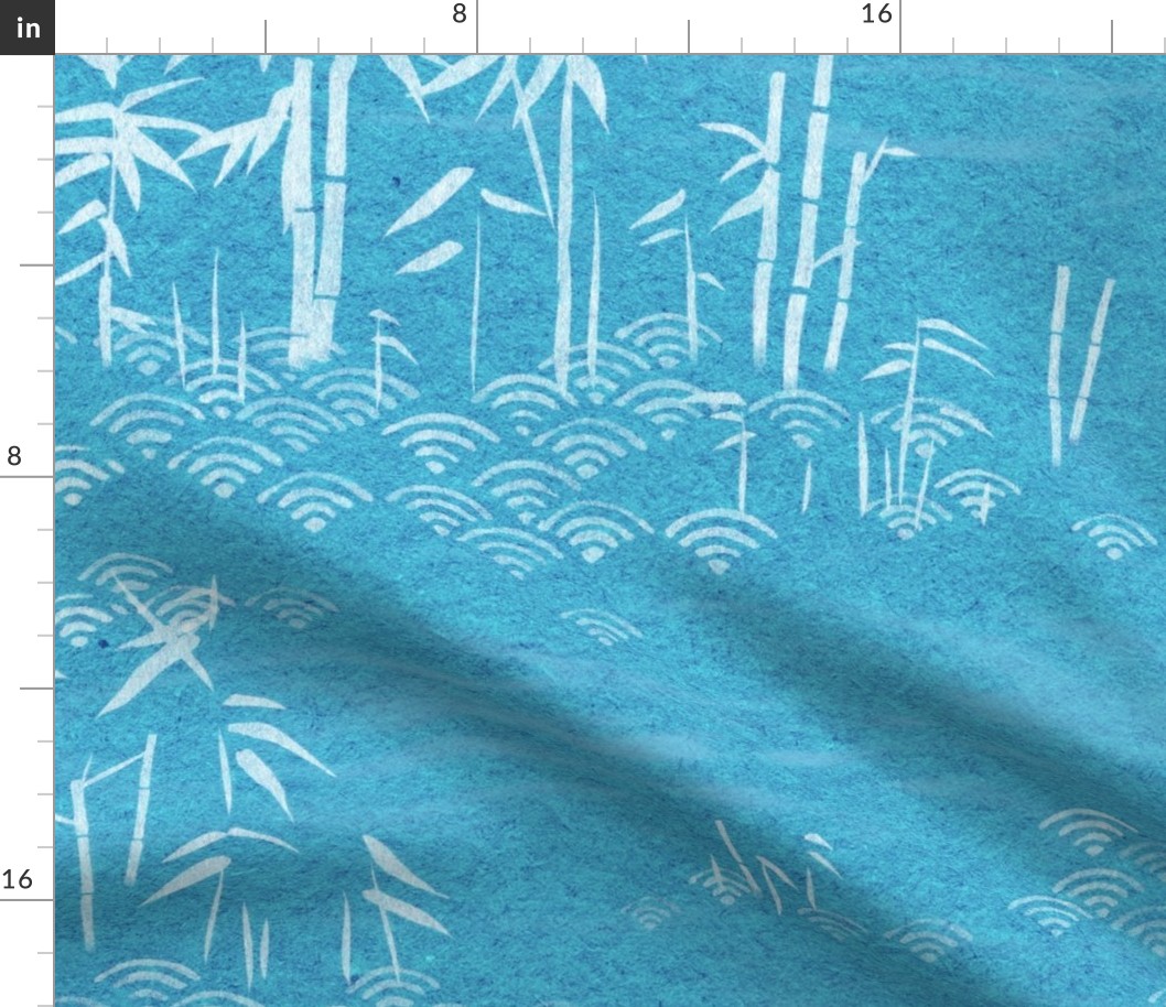 Bamboo Paper, Turquoise and White (xxl scale) | Bamboo plants with block printed waves pattern in white on a blue green paper texture, calm nature wallpaper in aqua blue and white for Zen garden, yoga and meditation.